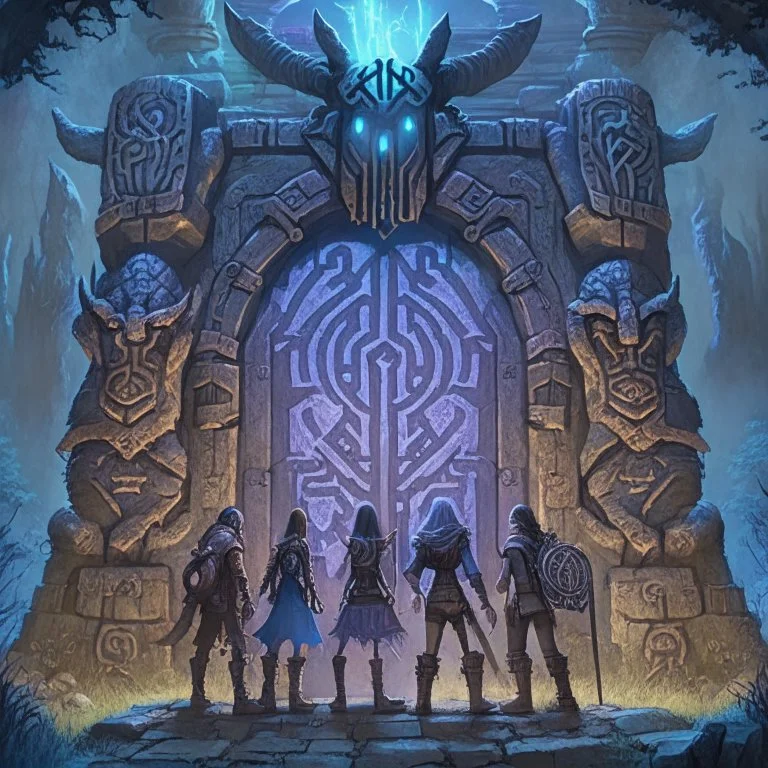 The Gate: A group of adventurers stands before a towering, otherworldly gate adorned with ancient runes. The gate is partially open, revealing a glimpse of a strange and terrifying dimension beyond.