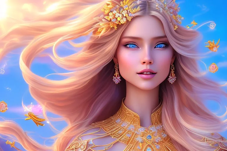 Beautyful smiling young woman, long hair amazing blue eyes, flowers, happy cosmic, bright colors, blue, pink, gold, jewels, realistic, photo real, clear sunny background, highly detailed, high contrast, 8k high definition, unreal engine 5, extremely sharp detail, light effect, sunny light background