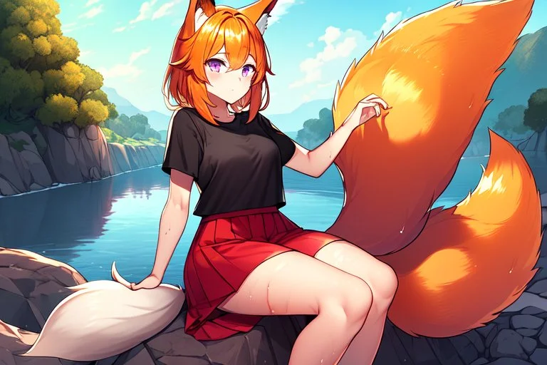 Girl, fox ears, one big fox tail, orange hair, red skirt, river, fox foot , sit on the shore, purple fox eyes, black T-shirt, wet