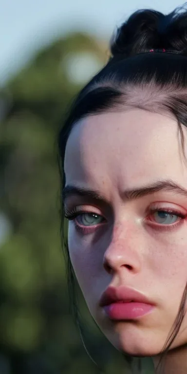 Billie Eilish, in a swimsuit, high detail, realistic, 8k, not to be distinguished from a photo, identical pupils