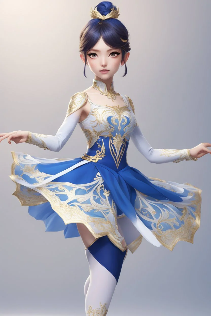 ballerina outfit, blue, blue and white tones, with gold patterns in the style of genshin impact