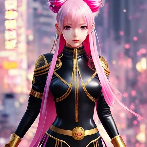 Detailed cute anime Kunoichi girl, pink hair buns, pink bangs, black latex bodysuit, intricate details, full body portrait, keep head in frame, slight smile, black Japanese motif, concept art, highly detailed, digital painting, concept art, sharp focus, illustration, art by Yoji Shinkawa, WLOP and greg rutkowski and alphonse mucha and artgerm and yanjun Chen and Junji ito and Makoto Shinkai, HDR, octane render