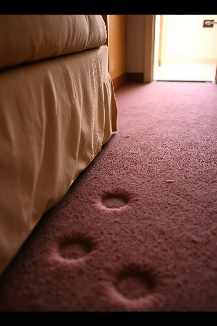 cheap motel room floor, furniture leg imprints in carpet, showing that furniture had been moved