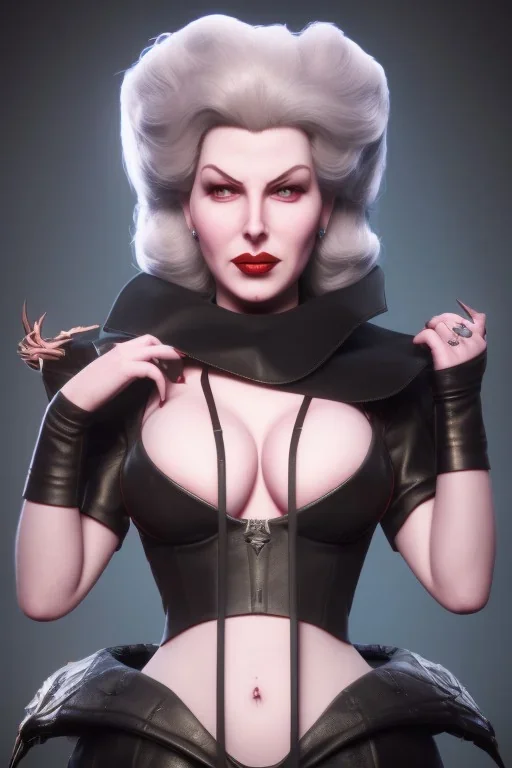 Lana Turner as evil queen in black leather, leather, busty, cleavage, angry, stern look. character design by cory loftis, fenghua zhong, ryohei hase, ismail inceoglu and ruan jia. unreal engine 5, artistic lighting, highly detailed, photorealistic, fantasy