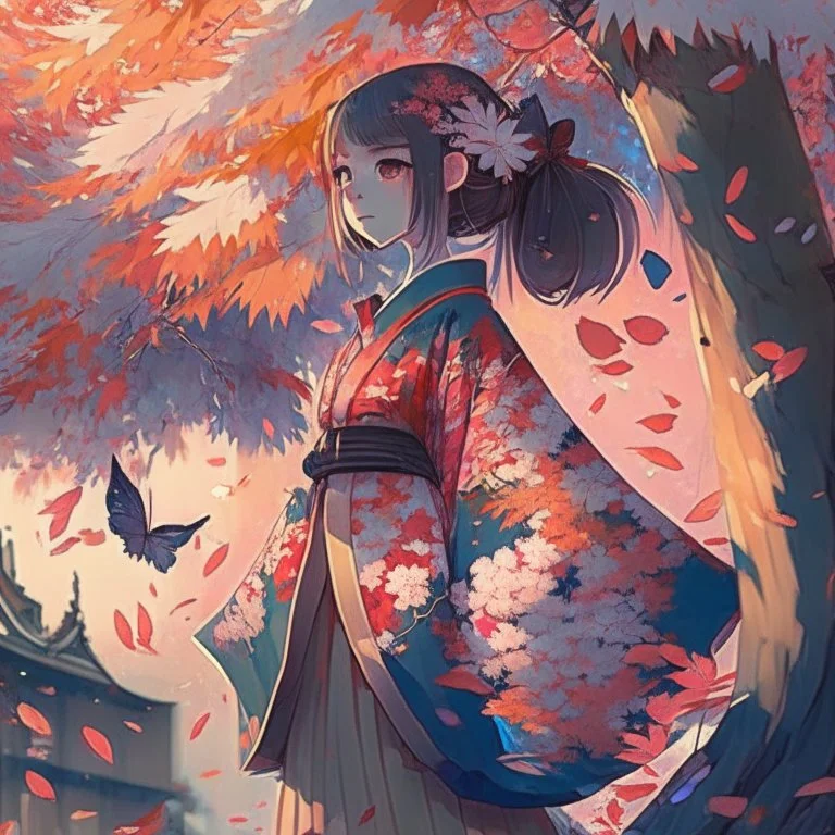 a girl wearing a kimono with ornaments and the leaves are falling from the trees near street filled with beautiful cherry trees futurism, anime style, digital art, full details, high resolution, colorful, 4k, HD