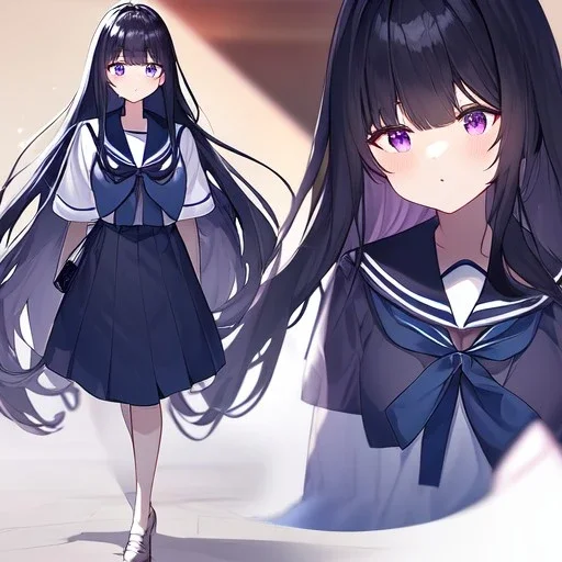 Clear focus,High resolution,High quality, Black long fluffy hair, long bangs, and purple eyes, wearing a sailor uniform, Full body, Medium Close up