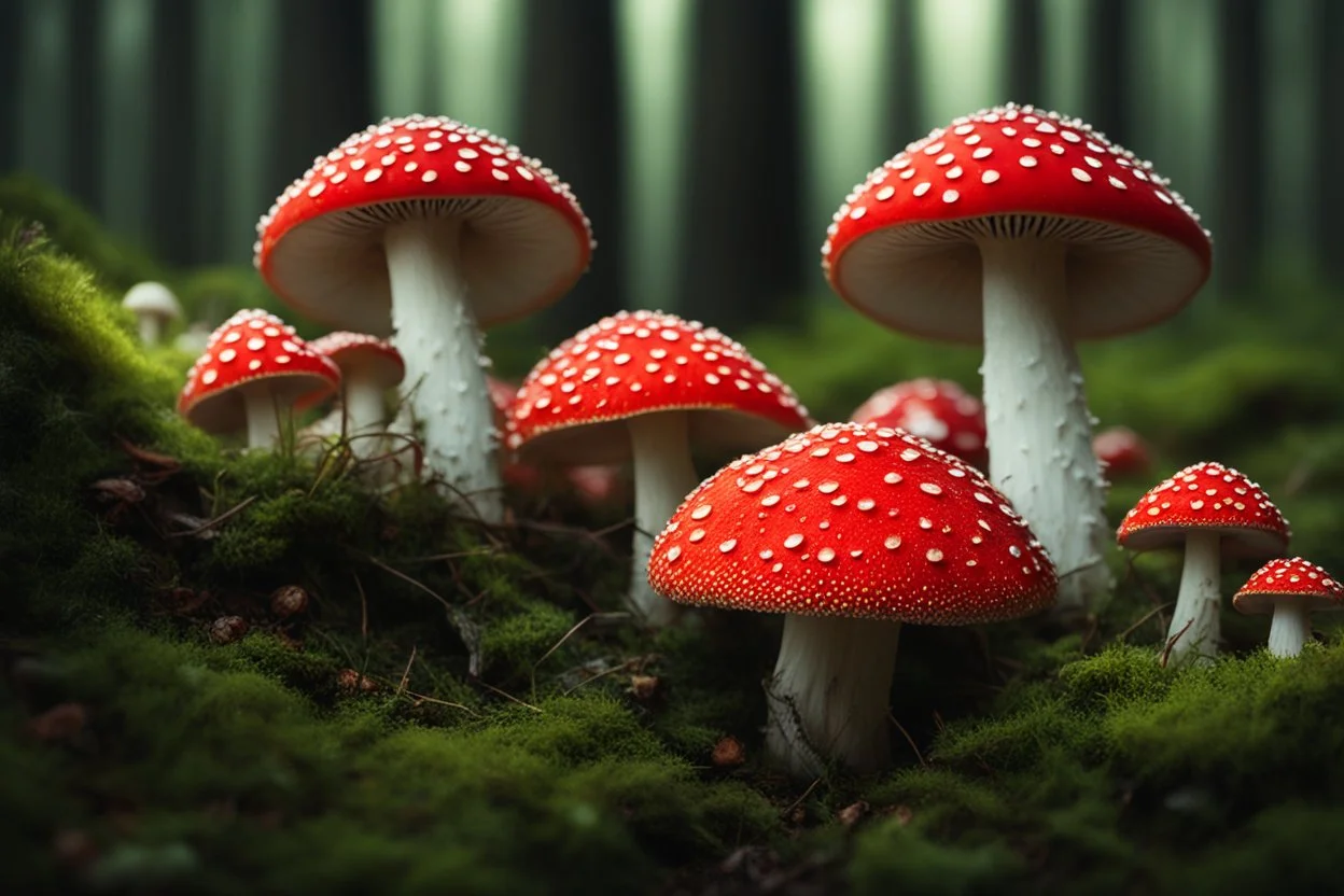 Hyperealistic low-level shot of a group of fly agaric mushrooms