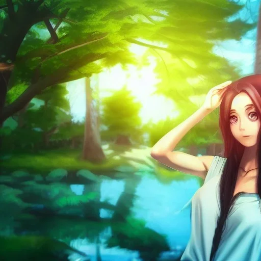 Insanely portrait of beautiful girl, beautiful face, sunny, relaxing, sea, trees, real details, hyper photo realistic, anime style, glowing forest, 8k