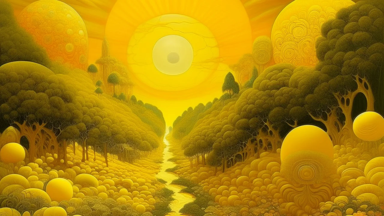 A golden yellow heavenly realm with halos painted by Edward Hicks