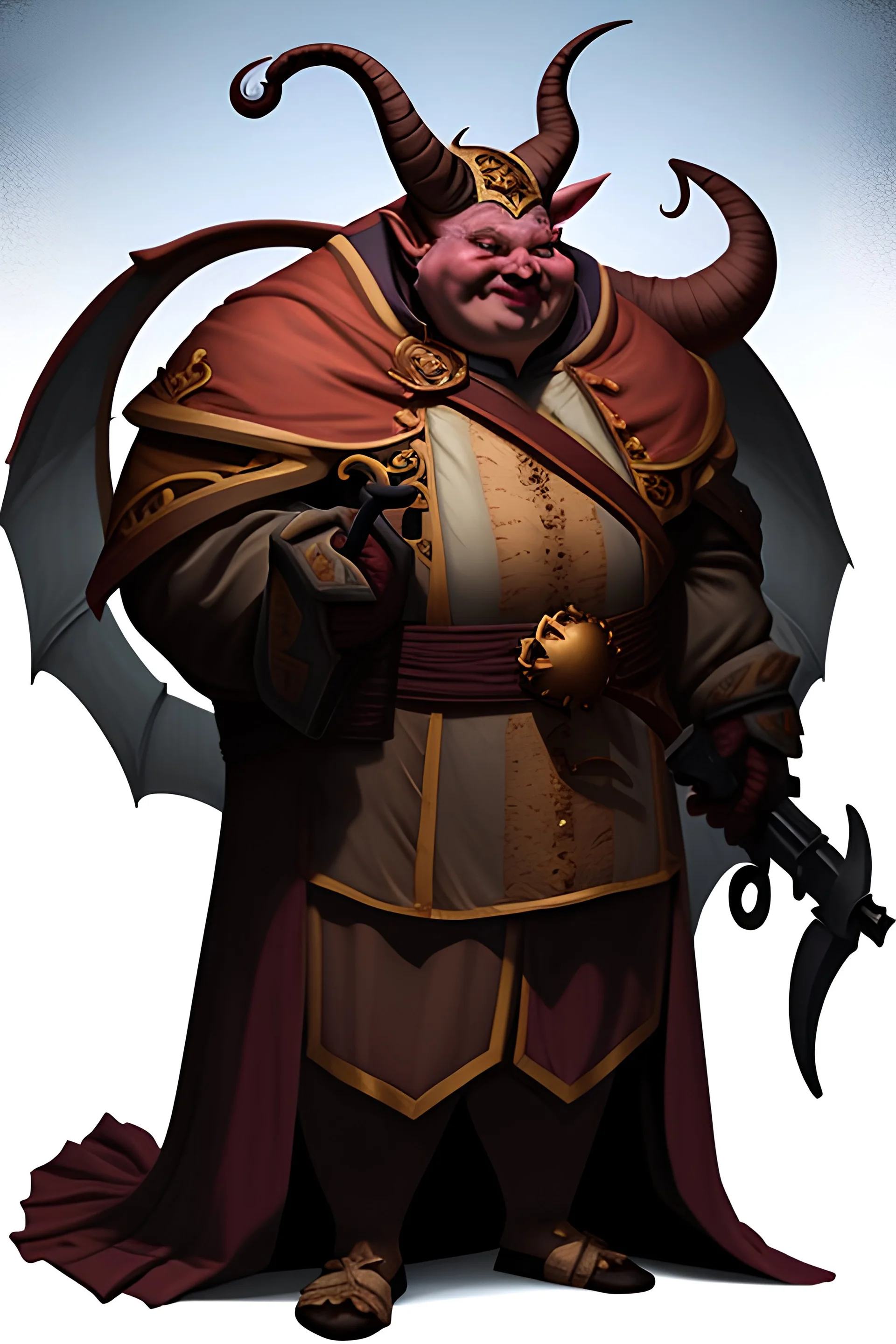 A jolly fat tiefling noble with a dark shadow behind him