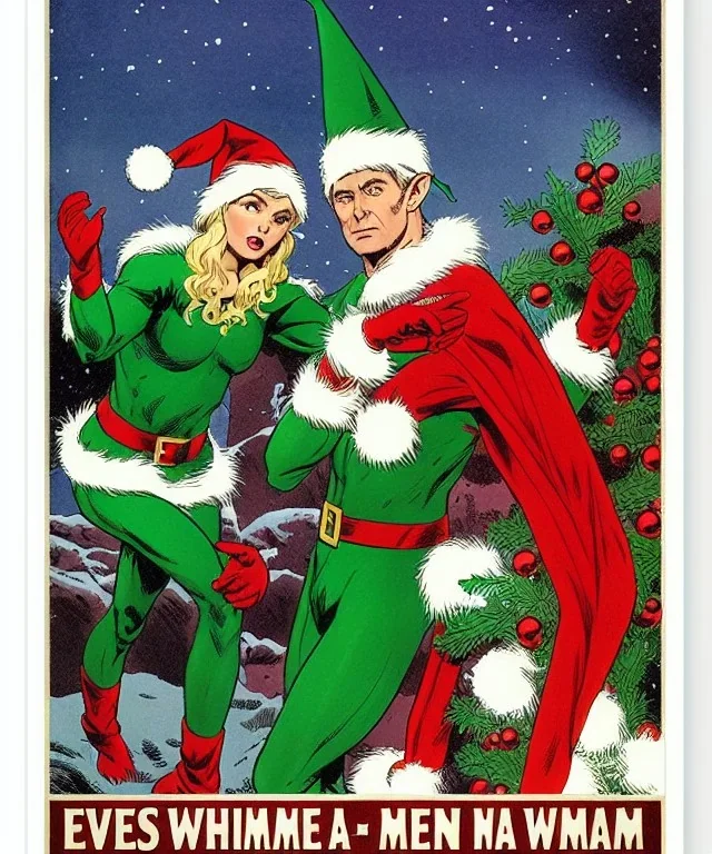 two elves. woman and man. Christmas scene. poster. marvel comic. low-key