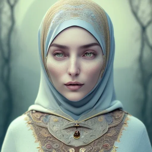 close up portrait of Sofia Buttela as woman in hijab, fine detail, highly intricate, modern surrealism painting, defined cracks and breaks, high-quality, volumetric lighting, 8k, ultrahd, George Grie, Marco Escobedo, Igor Morski,Brian Froud, Howard Lyon, Selina French,