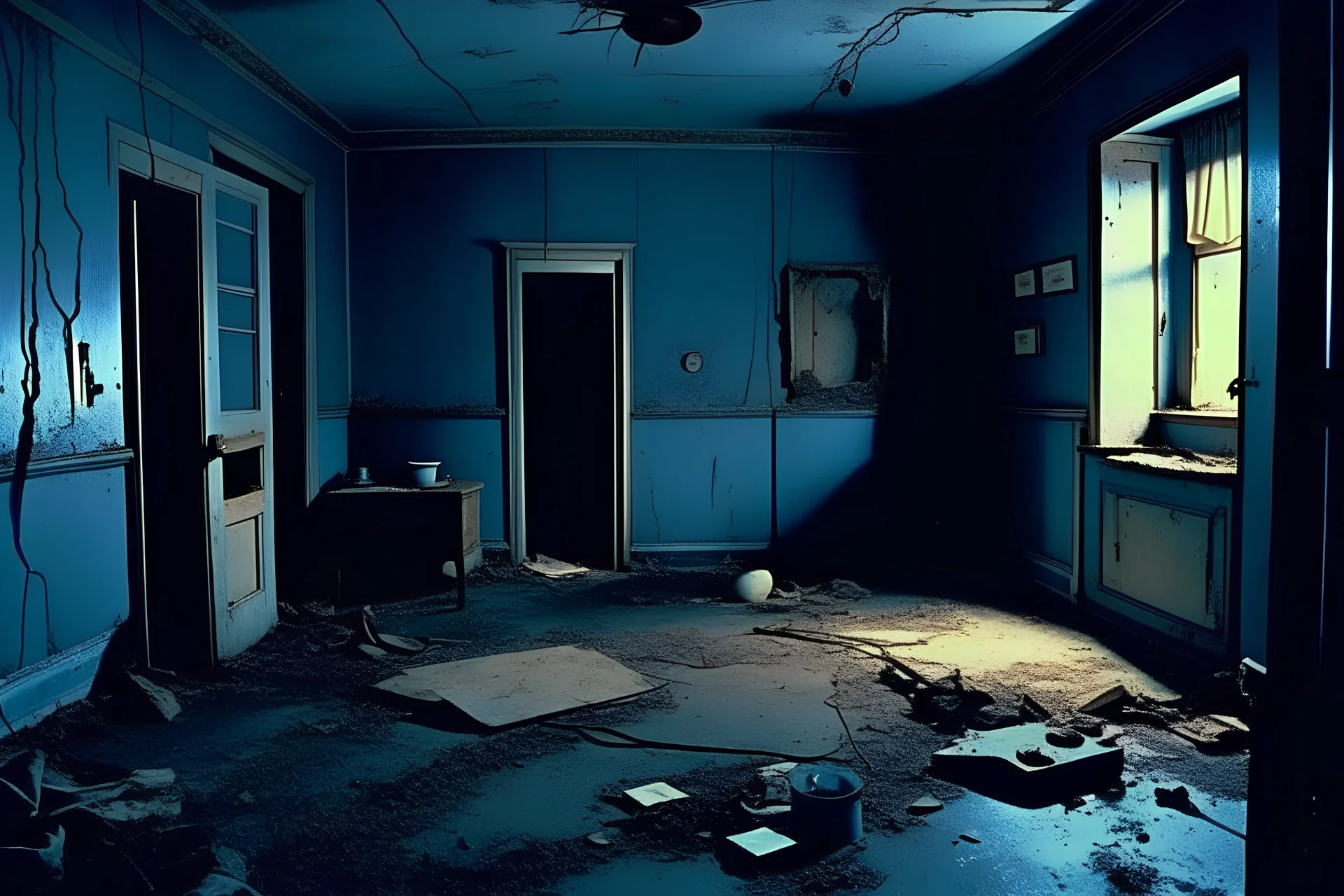 Old found footage of hyper realistic by Leo Davis, abandoned, liminal space, horror, eerie, mysterious, noise and grain, dark hues, dark tones, single source of light, 35mm, Kodak Autochrome, floating particles, auto flash, auto focus