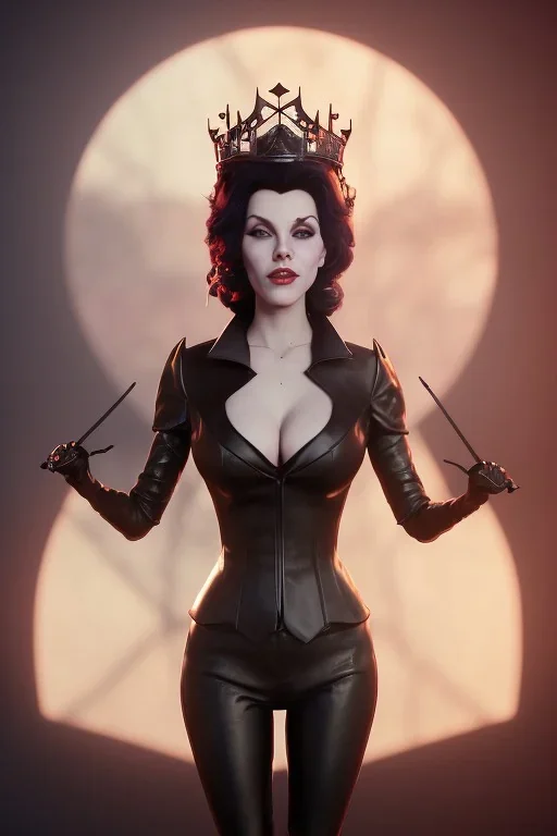 Hannah Waddingham as evil queen in black leather, busty, cleavage, voluptous, rebecca Welton, angry, stern look. character design by cory loftis, fenghua zhong, ryohei hase, ismail inceoglu and ruan jia. unreal engine 5, artistic lighting, highly detailed, photorealistic, fantasy