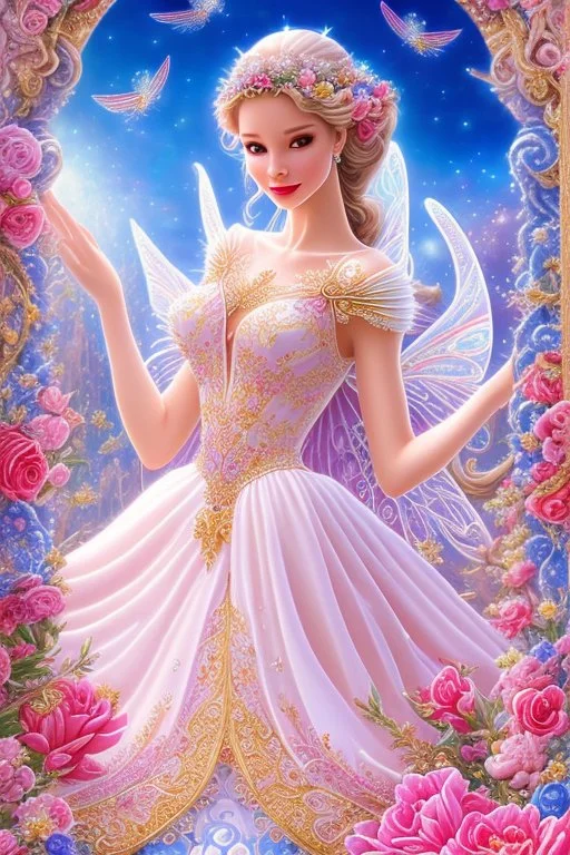 Magnifique woman, lady fairy, facing happy, voluptuous white, pink enchanted flowers, wings magic, long big dress, pink outerspace stars planets, Beautyful smiling, young woman, long hair amazing blue eyes, flowers, happy cosmic, bright colors, blue, pink, gold, jewels, realistic, photo real, clear sunny background, highly detailed, high contrast, 8k high definition, unreal engine 5, extremely sharp detail, light effect, sunny light background