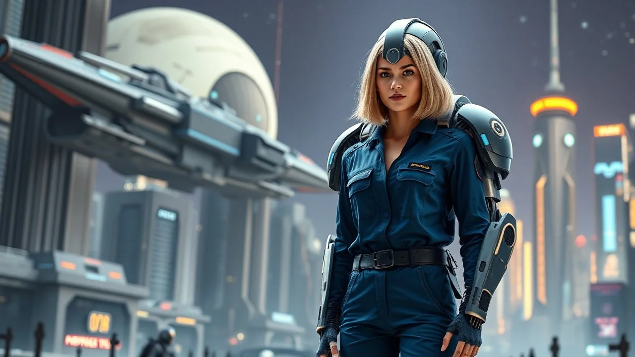 A full-body photograph of a young, slender woman with blond shoulder-length bob hair in a blue jumpsuit, standing in a futuristic cityscape with advanced spacecraft behind them, with a huge android in a huge metal exosuit with a helmet standing guard beside her.