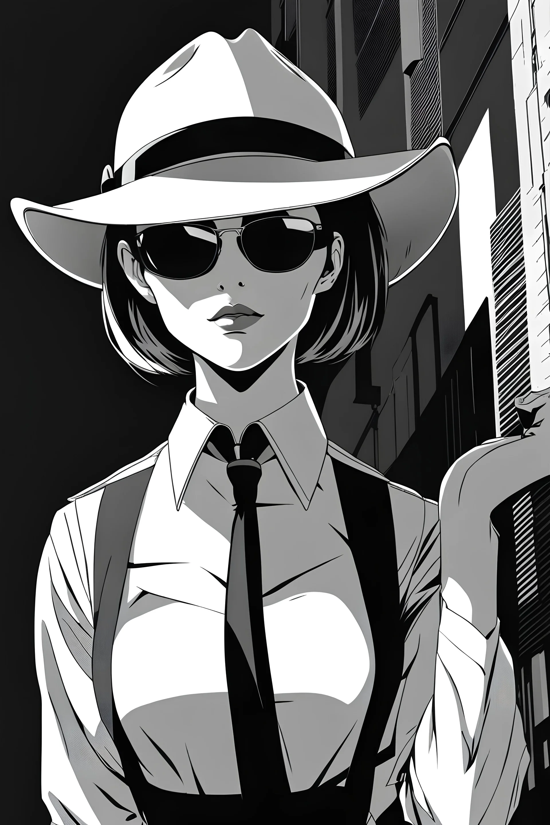 manga, anime, drawing, art, cartoon, perfect body, perfect hands, perfect face, perfect eyes, perfect arms, perfect cowboy hat, mafia woman, female mafia,, short hair pixie cut shaved side, black suit and tie, sunglasses, badass, cool, attractive