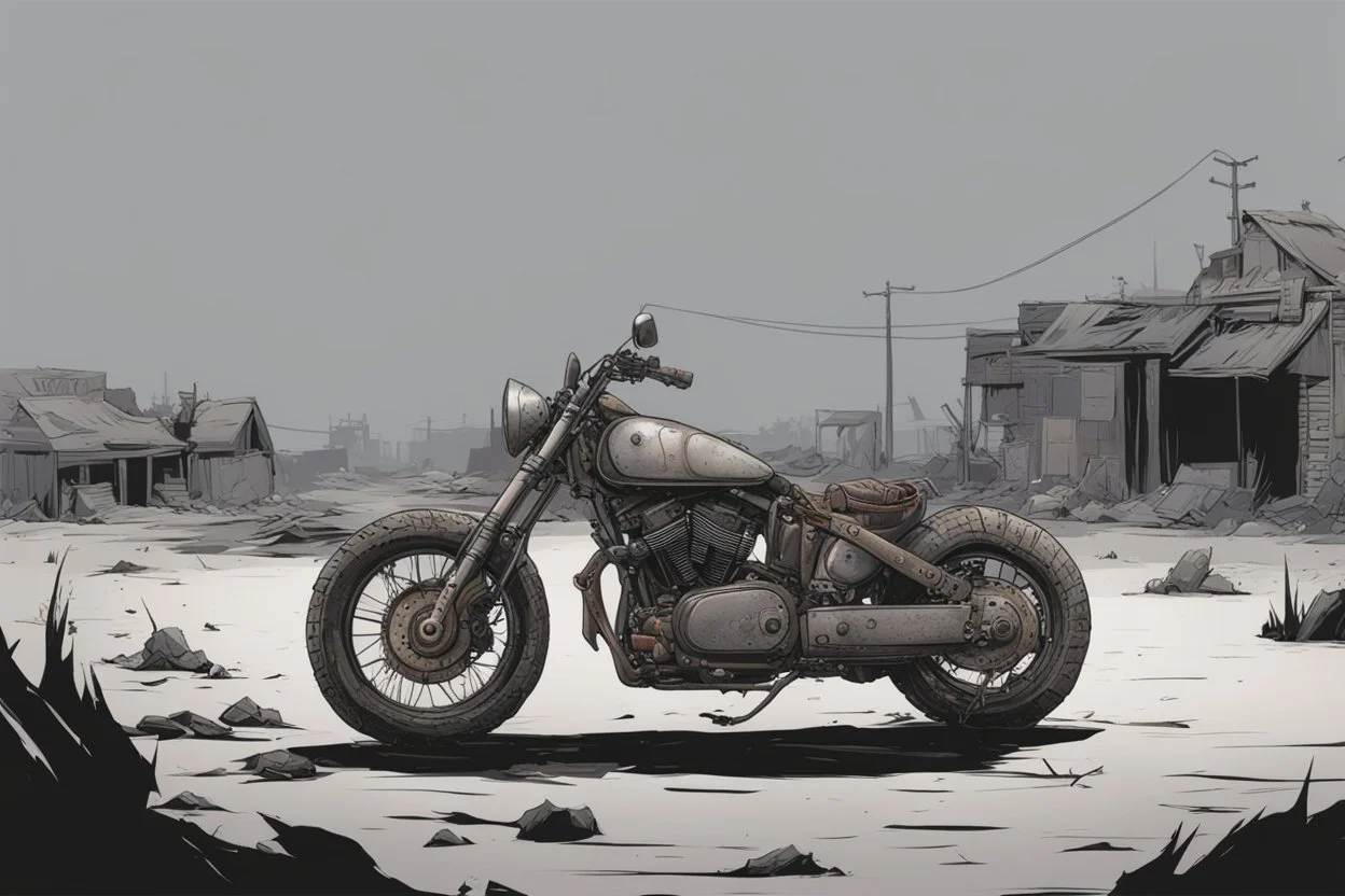 motorcycle, comic book,post-apocalypse, gray background,