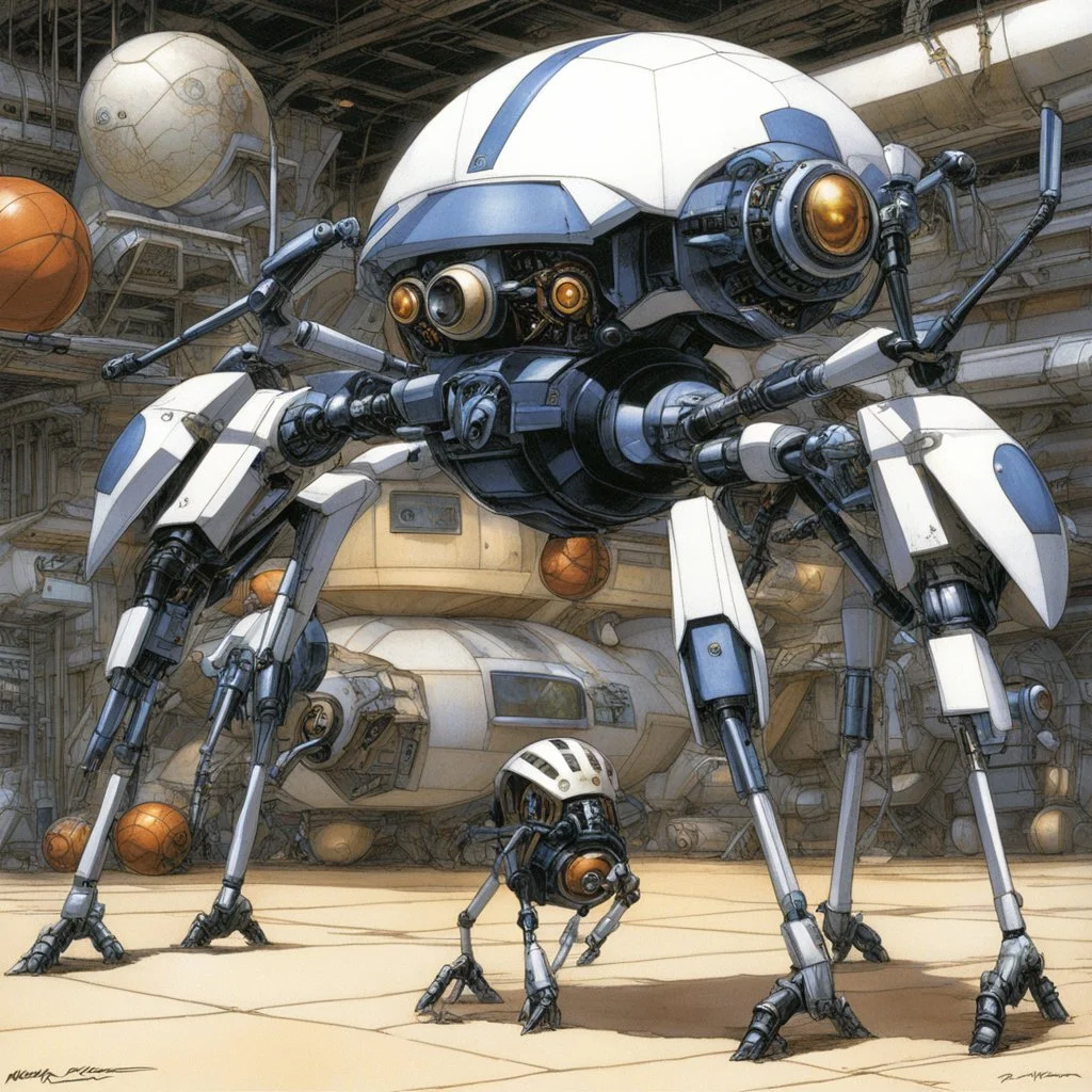 [art by Masamune Shirow] Utility Spider Droids from Warington, Inc. Ranging from the size of a basketball to a golf ball , A multi-legged, small self-propelled mechanical utility droid, equipped with an AI brain. Its function is to assist with small tasks: repair and maintenance, surveillance and alert of any potential threats, also is equipped with a plasma disrupter (NATURALLY) that is built in, it can assist in combat situations. Built from compressed hydrolyum, and Powered by a micro Thoriu