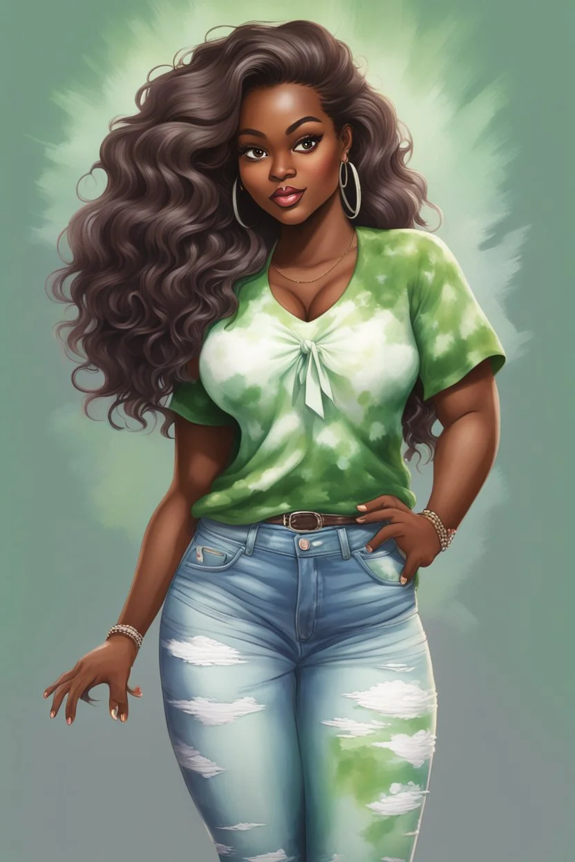 Create an oil painting cartoon image of a curvy black female wearing a light green tie dye t-shirt with white cut up jeans. Prominent make up with hazel eyes. Highly detailed long wavy brown and grey ombre hair flowing in the air.