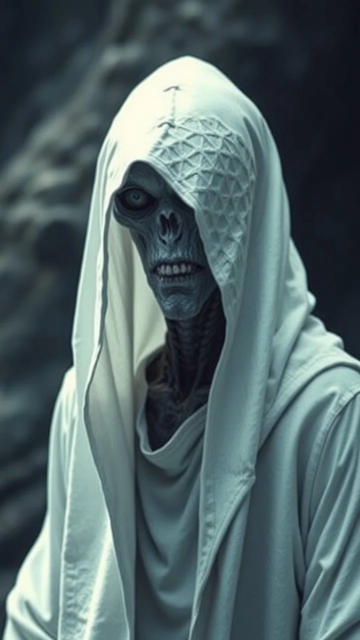 The creature from the the movie Prometheus with white hooded clothes looking at you