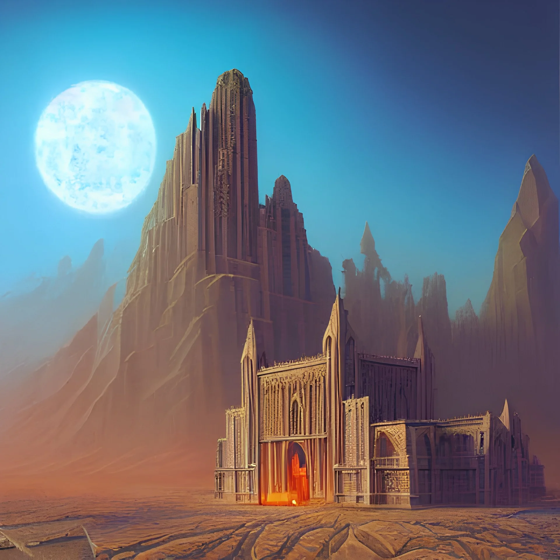 a giant immense squared crematorium gothic architecture advanced technology scifi architectural structure desert planet, tim hildebrandt, wayne barlowe, bruce pennington, donato giancola, trending on artstation, cinematic composition, beautiful lighting, hyper detailed, 8k, oil on canvas