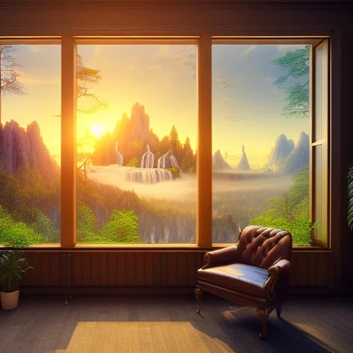 old wood sober house, large desk, parquet, sheet of paper, little pen, office chair in front of a huge picture window with large view on a waterfall with warm light, sunset ,photorealistic, detail, panorama, nature, globe, 8K, Hallelujah mountains, view first person