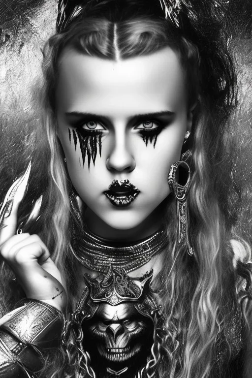 Danish singer MØ face, darkness style viking witch smiling end hell sureal blade