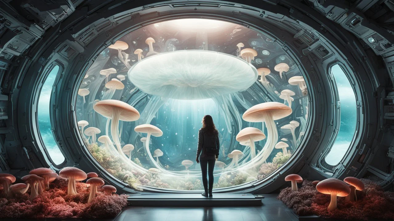 woman standing inside the interior of an alien spaceship, with a large window, with mushrooms with jellyfish tentacles outside