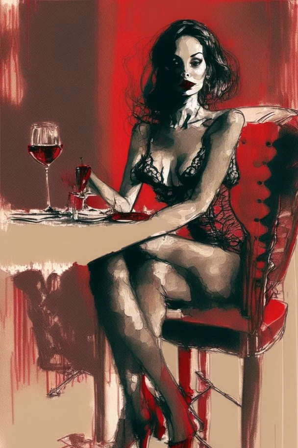 elegant beautiful brown-haired woman in red and black lace lingerie with crossed legs, proudly sitting on a chair, cigarette in her right hand, a glass of red wine on a table next to her, her lips are red, surrealist, smooth, pop, accentuate, faded glow, morning, bright, fine art, push, structure, silhouette, pencil sketch by Jean Cocteau fantasy high definition crisp quality in sunshine