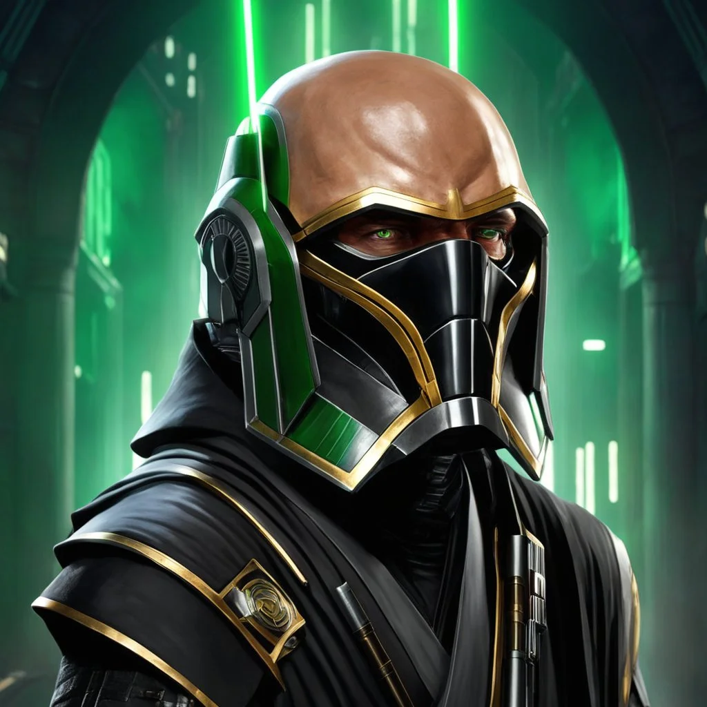 star wars bald male corellian jedi pilot wearing gunmetal grey and black old republic armored robes with gold trim inside the jedi temple holding a lightsaber with viridian green blade in left hand, centered head and shoulders portrait, hyperdetailed, dynamic lighting, hyperdetailed background, 8k resolution, volumetric lighting, light skin, fully symmetric details