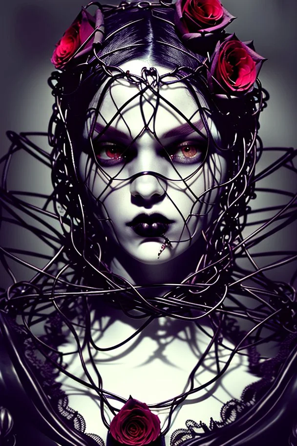 a beautiful and mysterious gothic woman entangled in wire and roses, hoody, dark and gothic lighting, ultra realistic and highly detailed, explosive background, epic, striking messy art style, cracked sealant surface and heavy textures , extremely beautiful