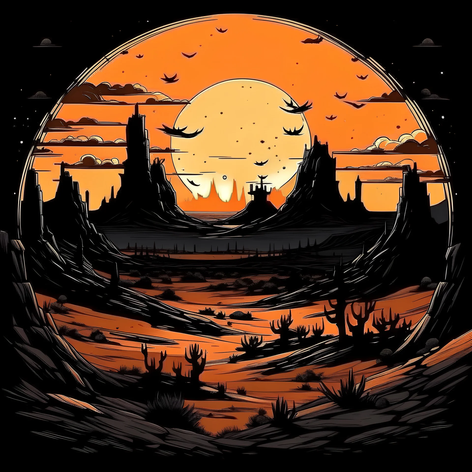 desert landscape with a solar eclipse drawn in the art style of Darkest Dungeon