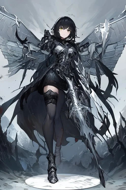 Anime girl with short black hair and sharp green eyes holding a sinister spear, full body black and white metal plate armour, full body shot, Dark lighting,1woman, soaked in blood,Warrior