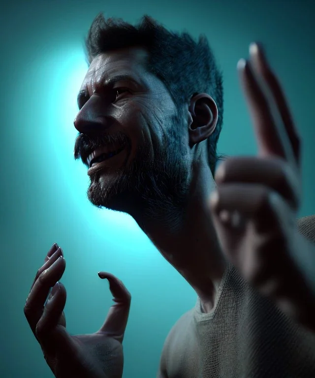 Realistic image, waist up view, a guy making the fuck you gesture with his hand, blue smoke coming out of his eyes, nose and mouth. Happy, smile, soft color, highly detailed, unreal engine 5, ray tracing, RTX, lumen lighting, ultra detail, volumetric lighting, 3d, finely drawn, high definition, high resolution.