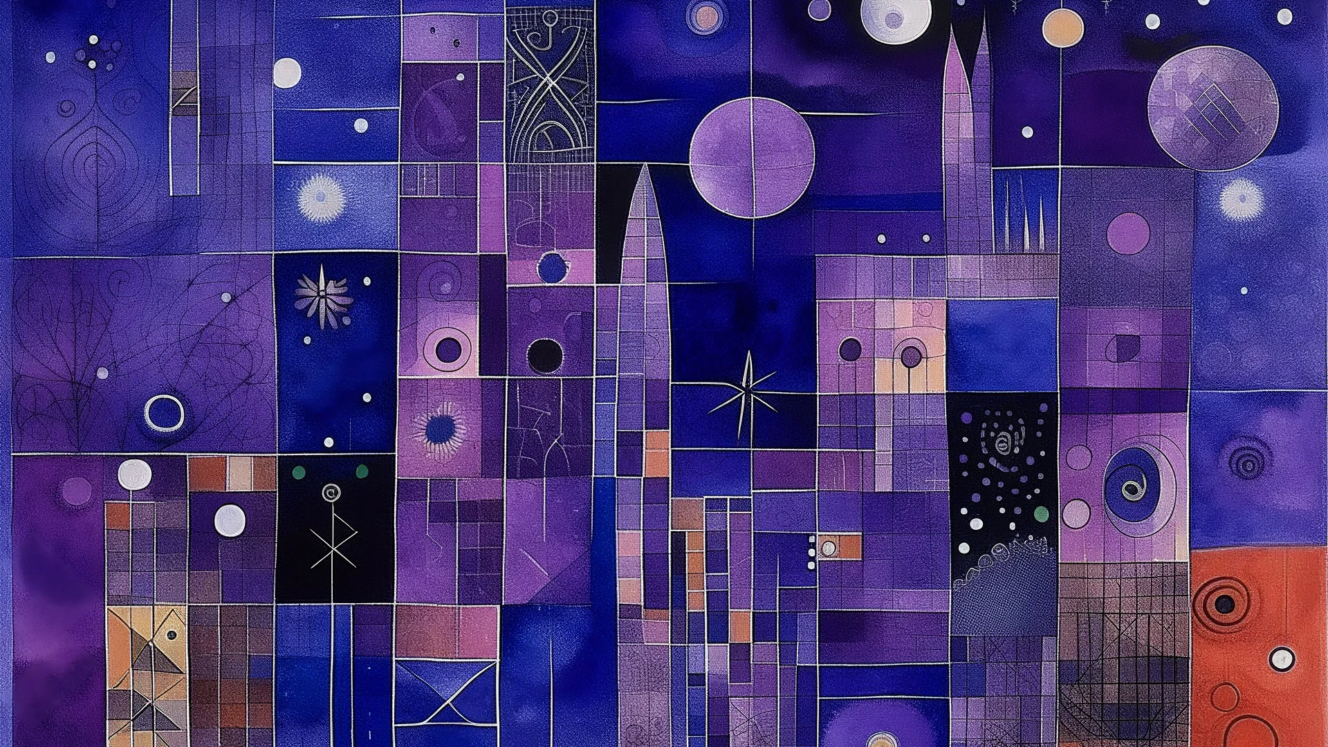 A purple cosmic dimension with stars and planets designed in ancient Greek mosaics painted by Paul Klee