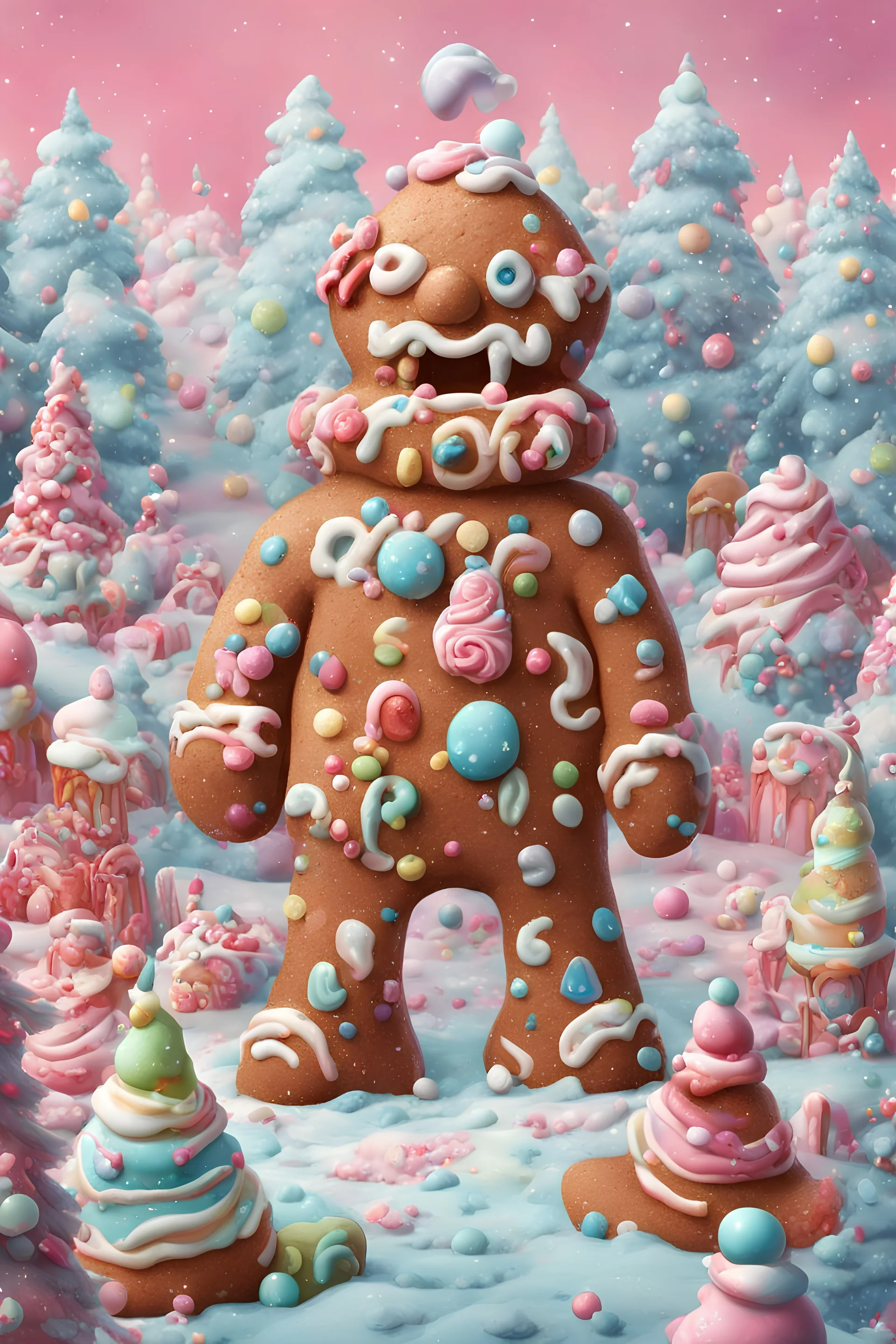 Highly realistic digital illustration of a giant gingerbread man, monster made of frosting and candy. Candyland landscape style of Eleanor Abbott in a Christmas theme, nostalgic cartoon style, pastel bright palette, giclee, Faber-Castell Polychromos, Lisa frabk, suessical