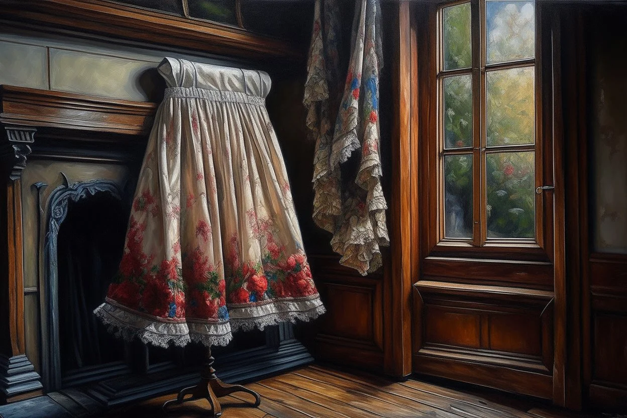 A beautiful romantic ruffled dress, decorated with beautiful embroidered flowers and lace, hanging on a hanger in a bedroom by the fireplace, in the light of the fireplace, Hyper realistic, oil on canvas award winning fantastic view ultra detailed acrylic art Ultra realistic Impressionism Surrealism simen johan, sharp focus intricate oil on canvas cinematic lighting photorealistic high detail ultra detailed crisp quality colourful