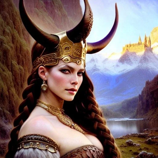 portrait beautiful face viking queen,braids,busty,horned helmet,snow,castle,mountains,ancient leather armor, balanciaga fashion clothe painting by gaston bussiere, greg rutkowski, yoji shinkawa, yoshitaka amano, tsutomu nihei, donato giancola, tim hildebrandt, oil on canvas, cinematic composition, extreme detail,fit full head inside picture,16k