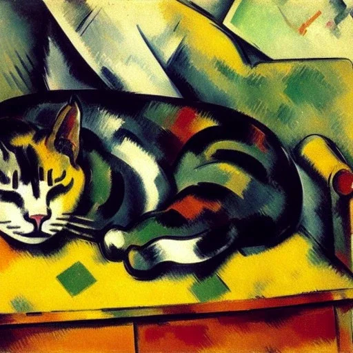 oil portrait of tricolor pattern Cat sleeping in a Black sofa by Paul Cézanne 8k