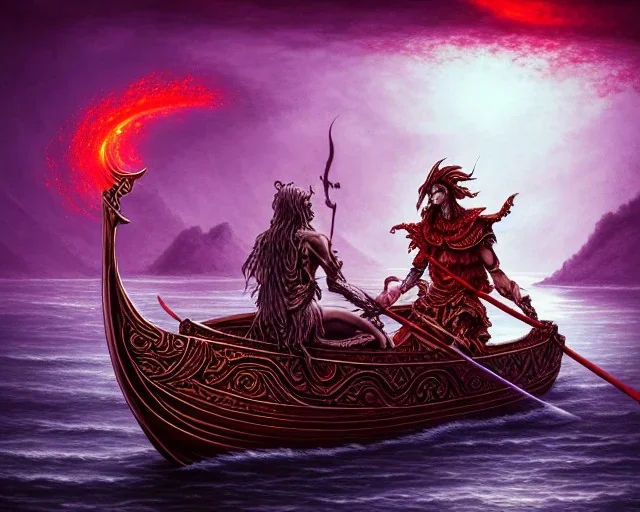 sango fantasy, fantasy magic, intricate, sharp focus, illustration, highly detailed, digital painting, concept art, matte, Greek mythology Charon ferryman, skeleton in full length cape, in boat on river styx, sharp jagged rocks, red purple blue colours, red hot lava river