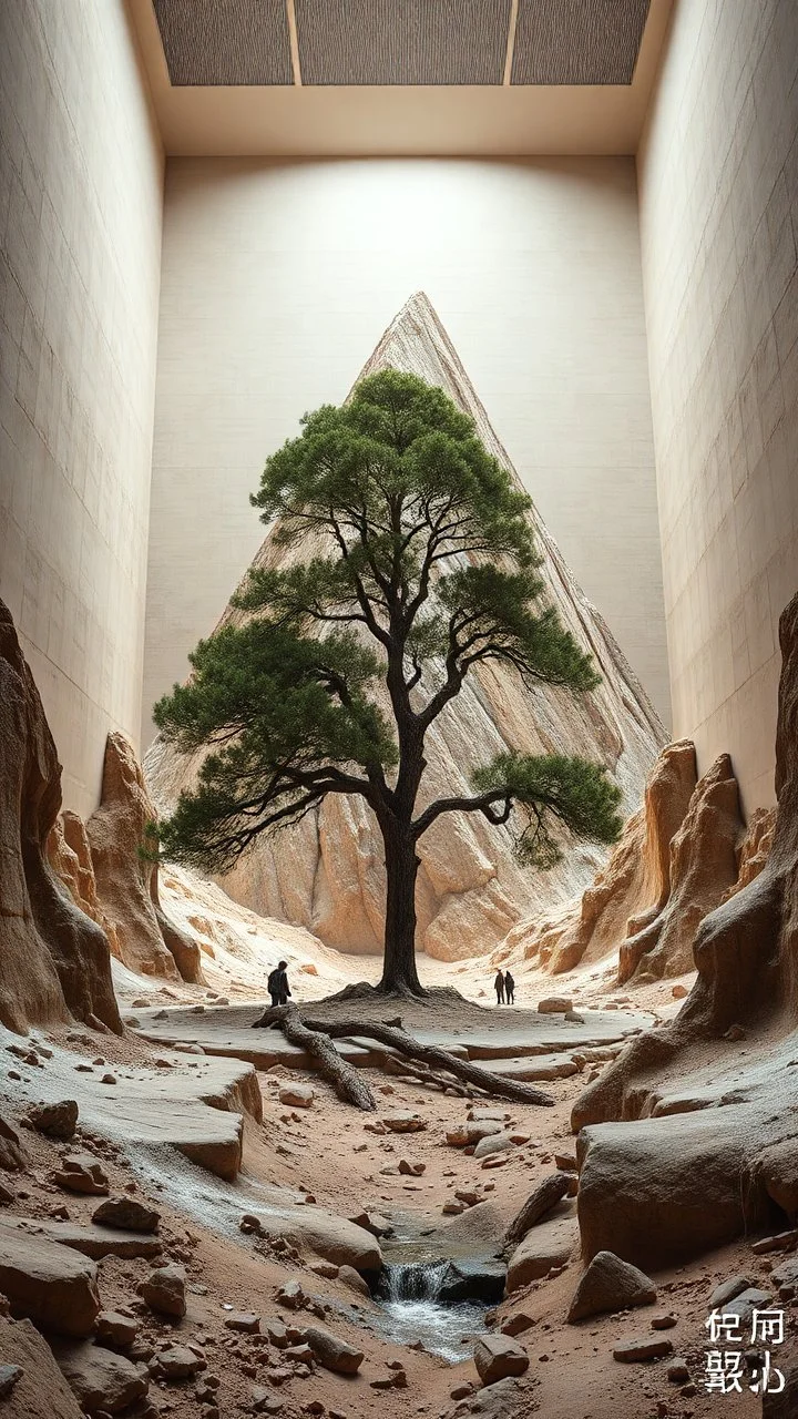 Photograph, a mass of terrain, giant museum space, tree, high walls, high peak in a room, rag, powder, brook, persons, sediments, deflagration of the background, geological formation, light, architecture, minimalist, details of the terrain very accentuated, 8k, deep 3d field, sharp, brutalist, hasselblad h6d400c --ar 85:128 --v 6.0
