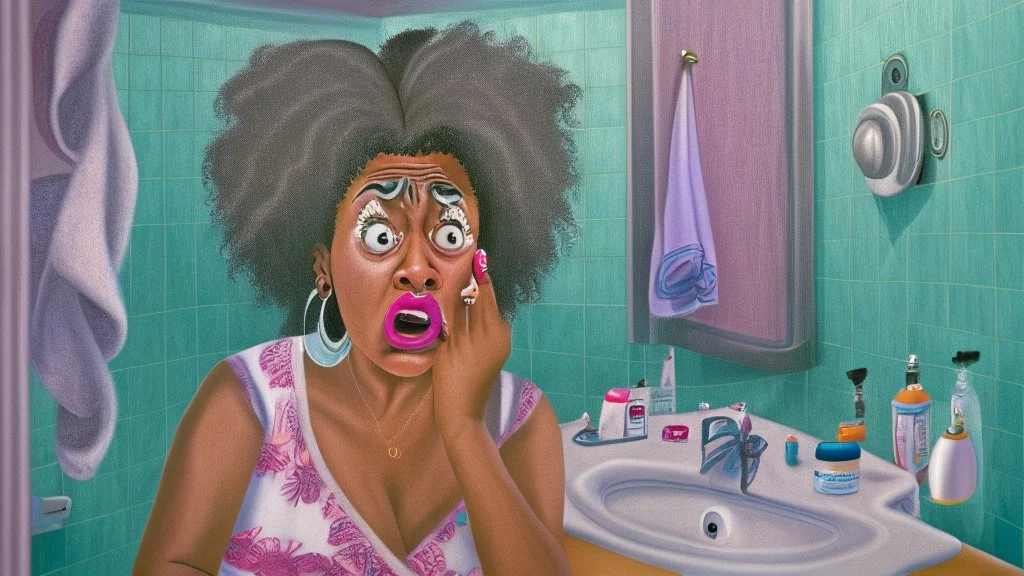 confused black lady on the phone in the bathroom near sink