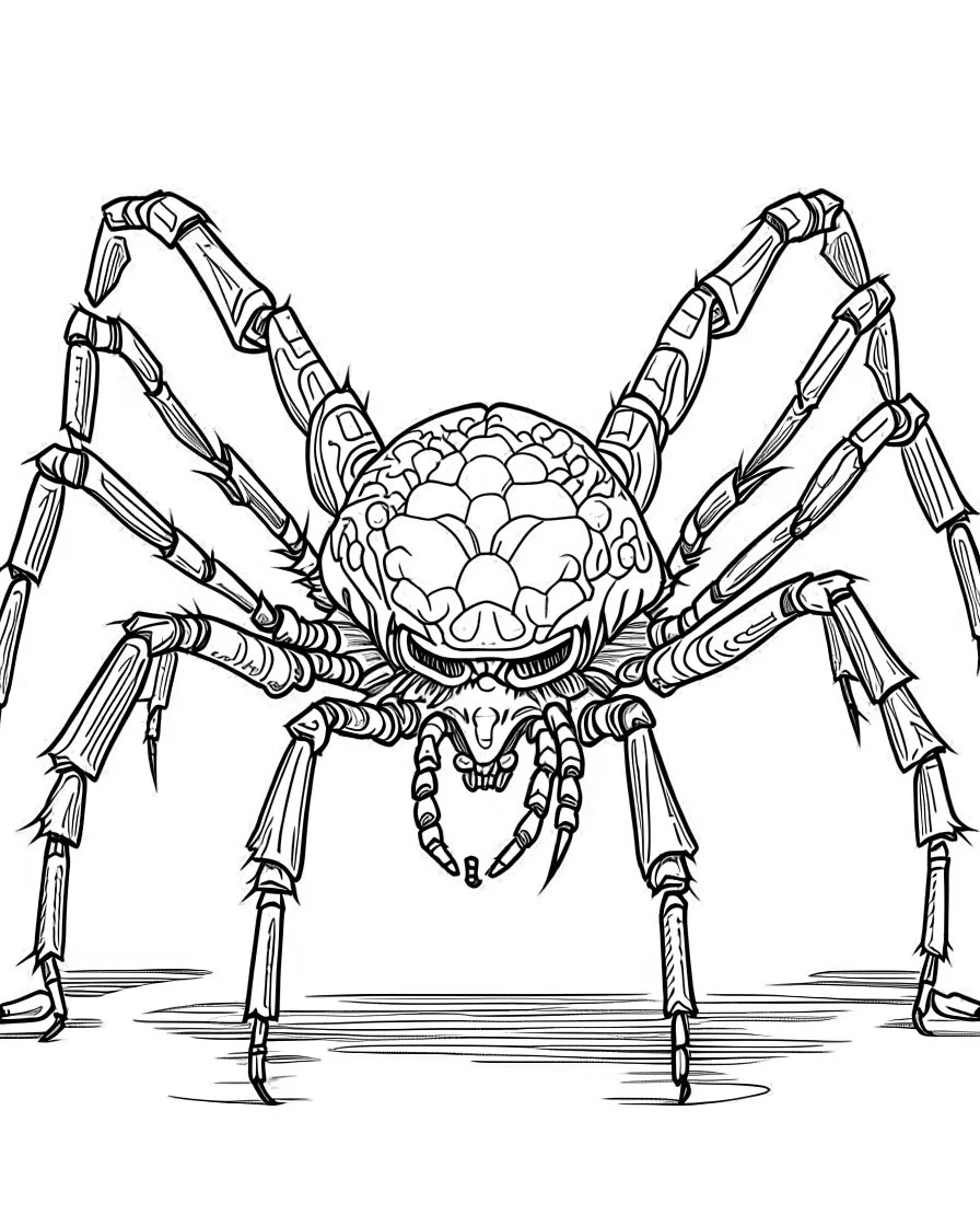 Cartoon outline, Goliath Bird-eating Spider little full body, coloring pages, no color, highly detailed, black and white, white background, highly detailed