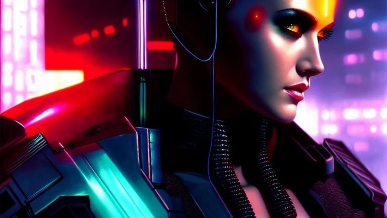 portrait oil on canvas, beautiful punk busty female Cyborg, looking to viewer, sad green eyes, post-apocalyptic in a cyberpunk city,minimal skintight suit, blade runner, comic book cover, mystical colors, neon, insanely detailed,realistic,intrincate detail, 16k resolution, masterpiece, Adam hughes