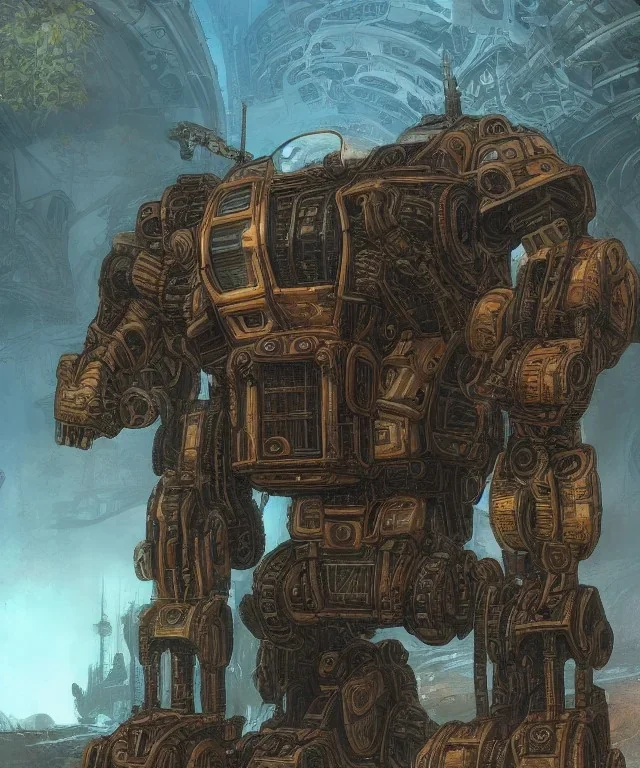 Large rusty mechwarrior inside a futuristic steampunk space ship with plants and animals moire