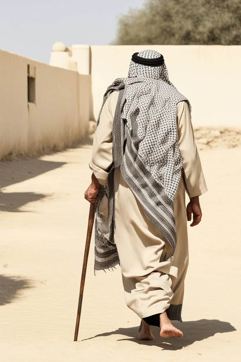 An old man wearing an Arabic keffiyeh, his back bent, walking barefoot, holding his cane upside down, looking back and holding his shoe in his hand.