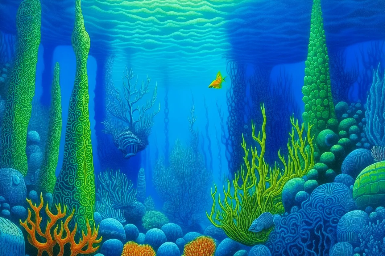 A blue underwater coral reef with Hawaiian tikis painted by Georges Seurat