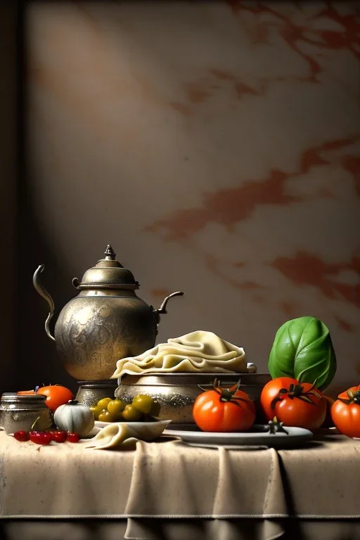 renaissance style still life composite, Raviolis pasta with natural tomato, albahaca, olives, olive oil. Dish, moisture, art, natural, ornaments, ceramic, marble, high kitchen, smooth, god rays, unreal engine 5, ray tracing, RTX, lumen lighting, ultra detail, volumetric lighting, 3d.