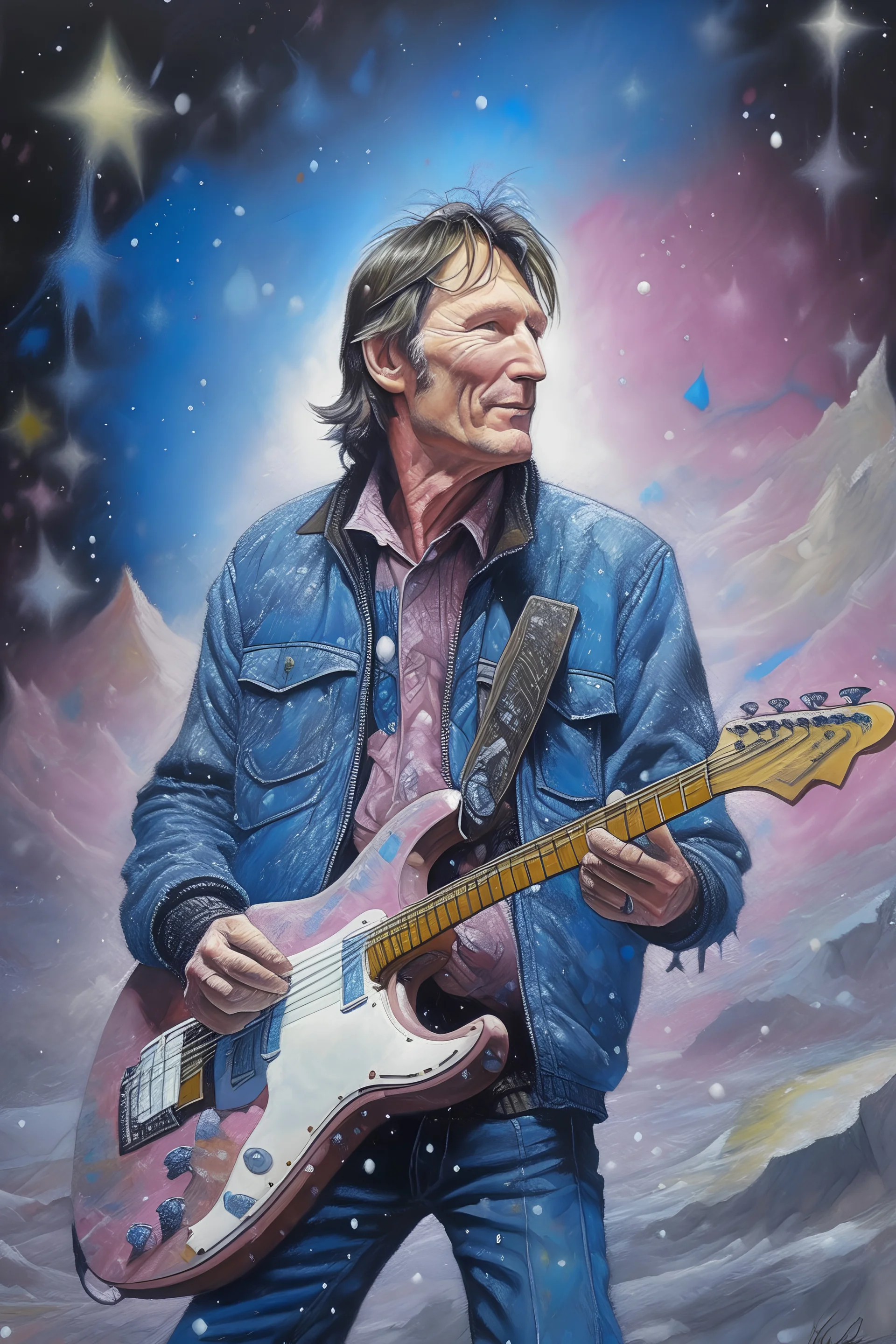 photo-quality realistic image of Steve Winwood wearing blue jeans and a leather jacket, he has a perfect guitar; swirling glitter storm clouds, lightning, snowflakes, ice crystals, crescent moon in a nebula sky, extreme colors, pink, peach, sunset glow, white, ice blue, silver, lavender, seafoam green, oil pastel, chalkboard art, spray paint, alcohol ink, luminous color sparkles, smoke, forest, glitter snow, snowflakes, pine trees, nebula sky; soft Shading; highly intricate, sophisticated, compl